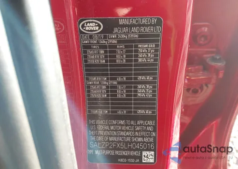 2020 Land Rover Range Rover Evoque Se из США, поврежденный, VIN SALZP2FX5LH045016